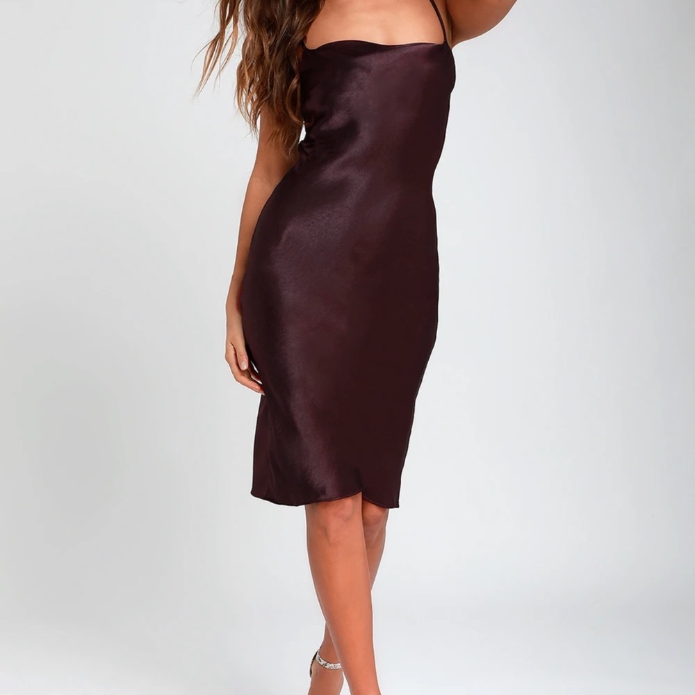 Brazen Babe Dark Purple Satin Cowl Neck Midi Slip Dress